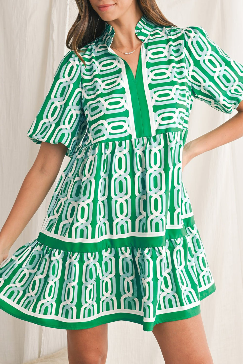 Bright Green Abstract Print Puff Sleeve Pop of Color Neckline Dress - 7DAY'S