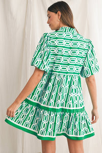 Bright Green Abstract Print Puff Sleeve Pop of Color Neckline Dress - 7DAY'S