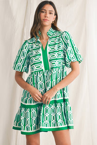 Bright Green Abstract Print Puff Sleeve Pop of Color Neckline Dress - 7DAY'S