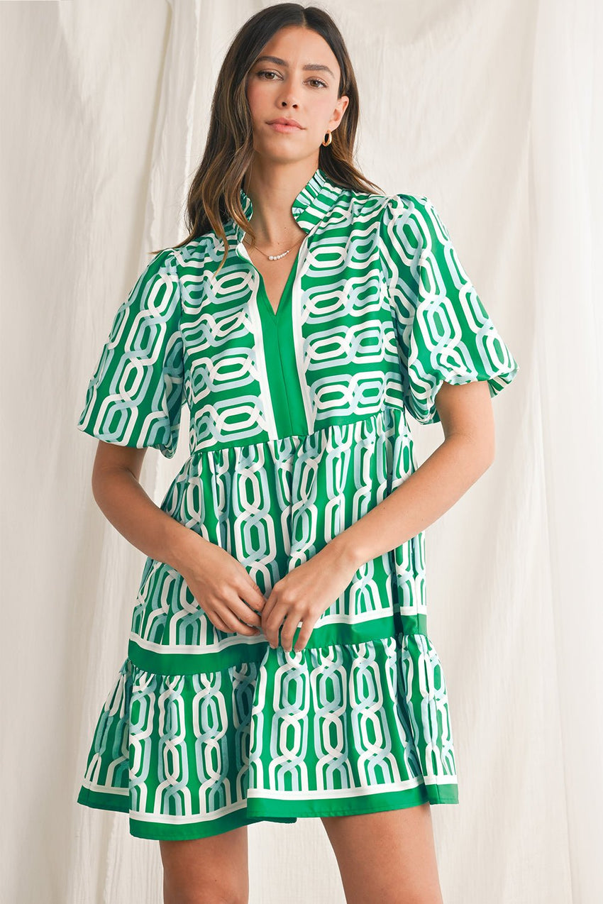 Bright Green Abstract Print Puff Sleeve Pop of Color Neckline Dress - 7DAY'S