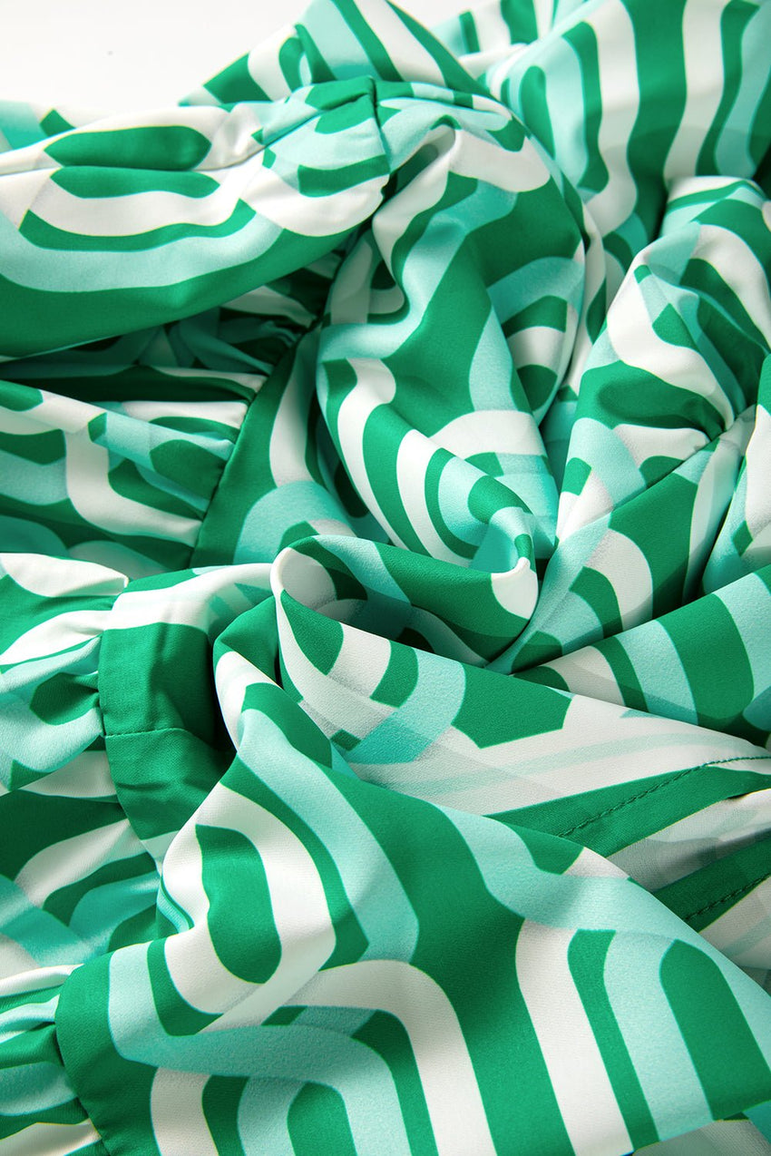 Bright Green Abstract Print Puff Sleeve Pop of Color Neckline Dress - 7DAY'S