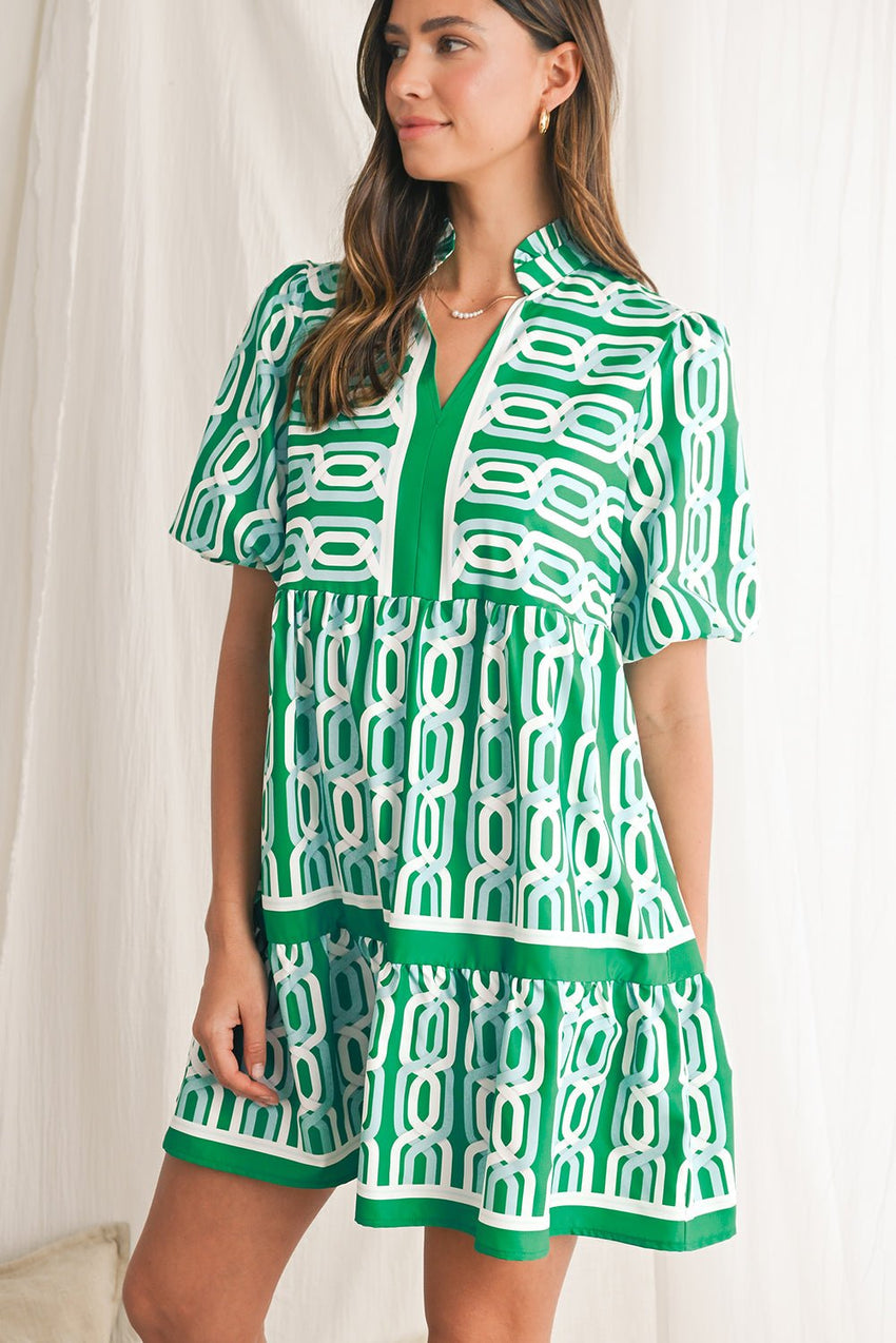 Bright Green Abstract Print Puff Sleeve Pop of Color Neckline Dress - 7DAY'S