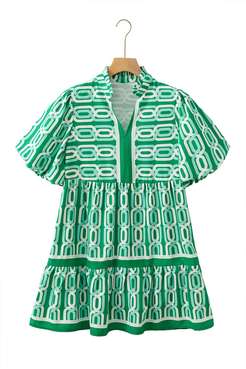 Bright Green Abstract Print Puff Sleeve Pop of Color Neckline Dress - 7DAY'S