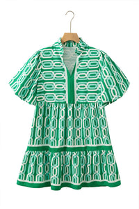 Bright Green Abstract Print Puff Sleeve Pop of Color Neckline Dress - 7DAY'S