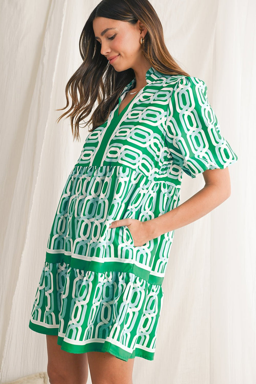 Bright Green Abstract Print Puff Sleeve Pop of Color Neckline Dress - 7DAY'S