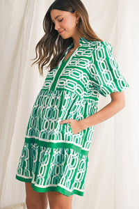 Bright Green Abstract Print Puff Sleeve Pop of Color Neckline Dress - 7DAY'S