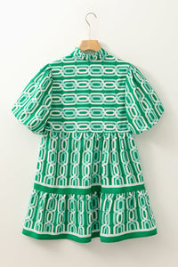 Bright Green Abstract Print Puff Sleeve Pop of Color Neckline Dress - 7DAY'S