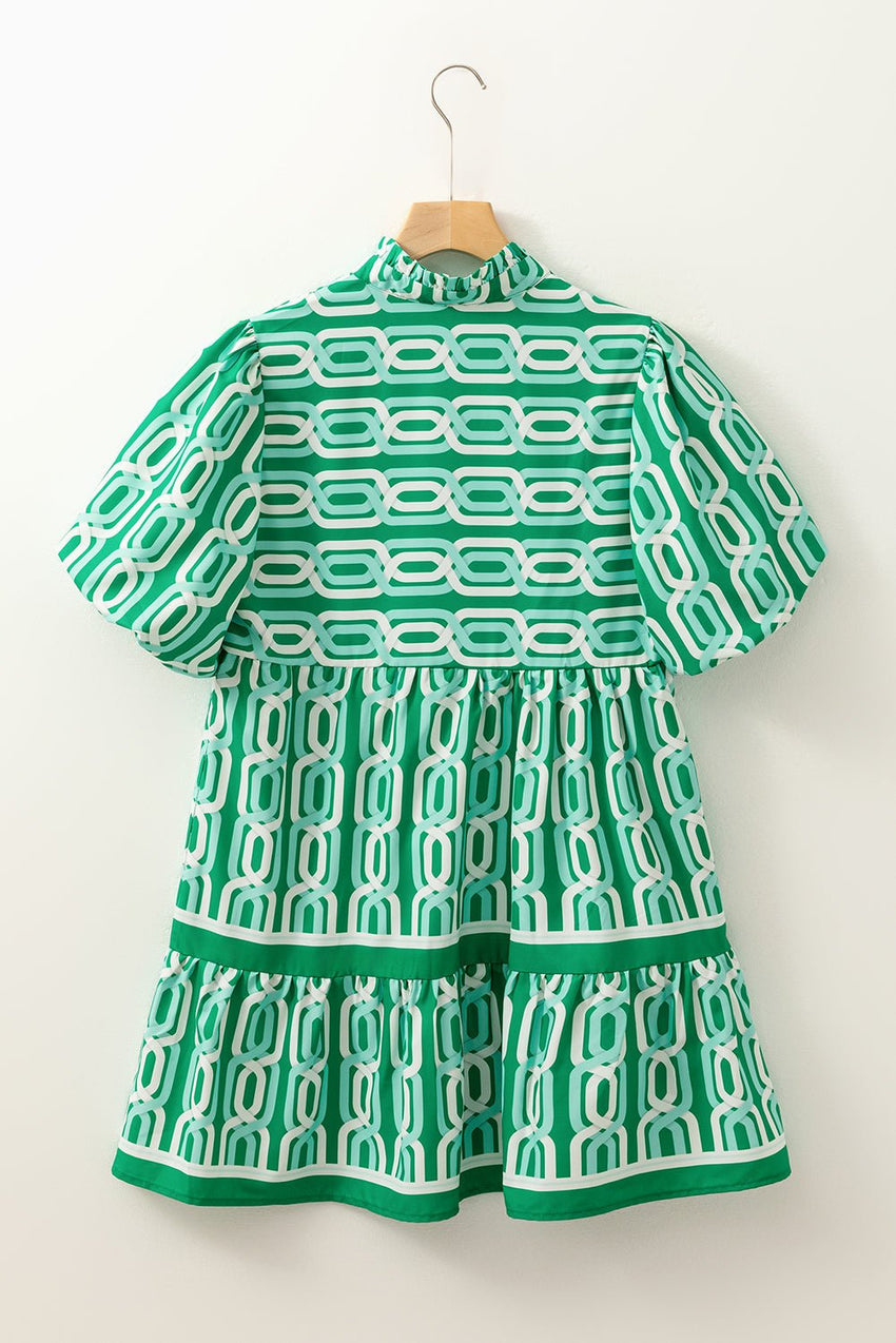 Bright Green Abstract Print Puff Sleeve Pop of Color Neckline Dress - 7DAY'S
