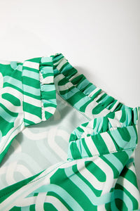 Bright Green Abstract Print Puff Sleeve Pop of Color Neckline Dress - 7DAY'S