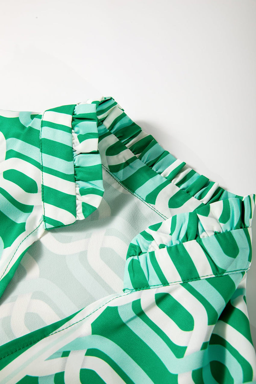 Bright Green Abstract Print Puff Sleeve Pop of Color Neckline Dress - 7DAY'S