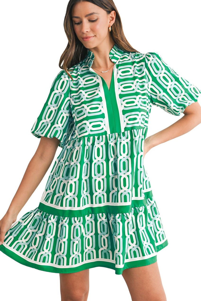 Bright Green Abstract Print Puff Sleeve Pop of Color Neckline Dress - 7DAY'S