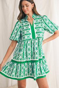 Bright Green Abstract Print Puff Sleeve Pop of Color Neckline Dress - 7DAY'S