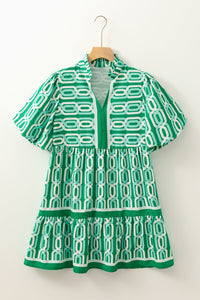 Bright Green Abstract Print Puff Sleeve Pop of Color Neckline Dress - 7DAY'S