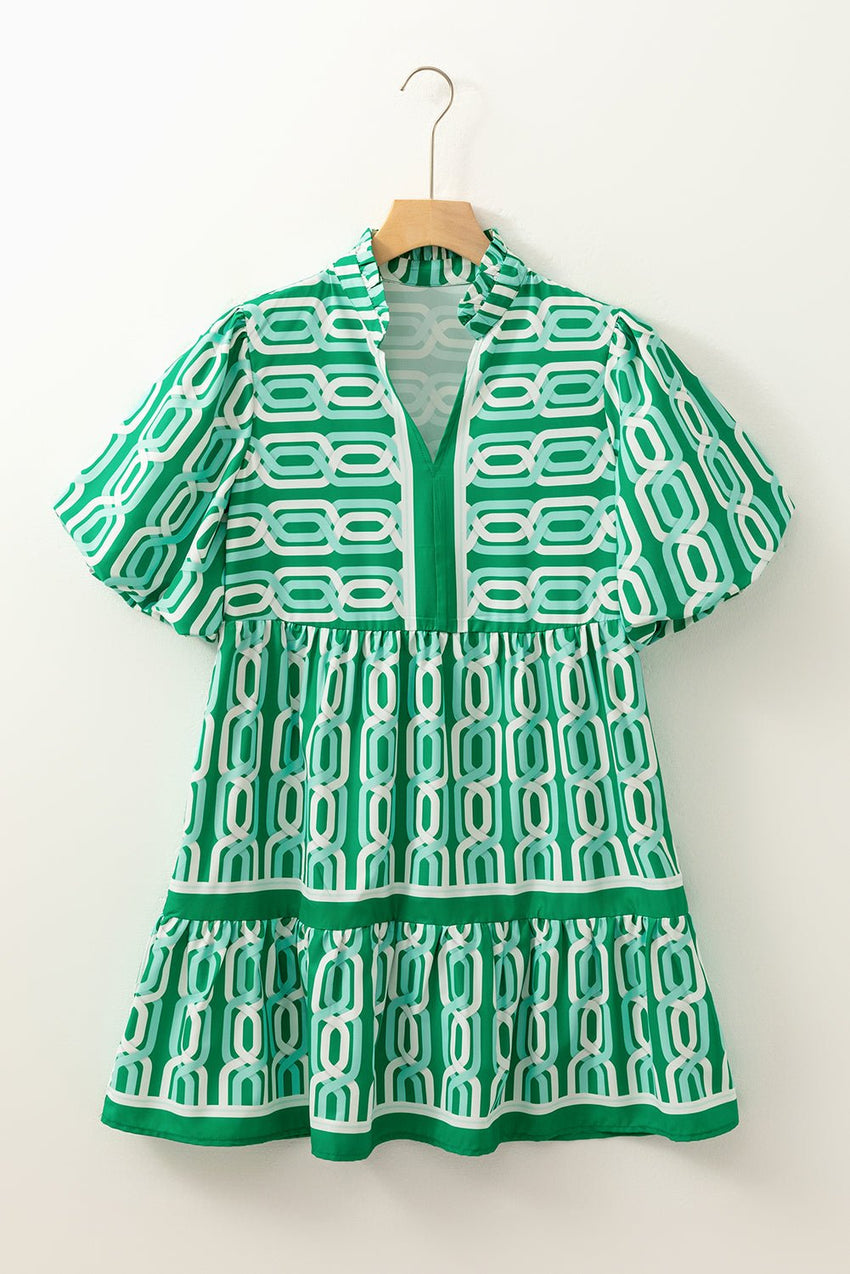 Bright Green Abstract Print Puff Sleeve Pop of Color Neckline Dress - 7DAY'S
