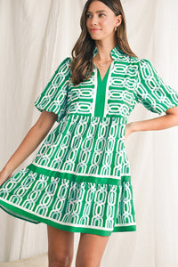 Bright Green Abstract Print Puff Sleeve Pop of Color Neckline Dress - 7DAY'S