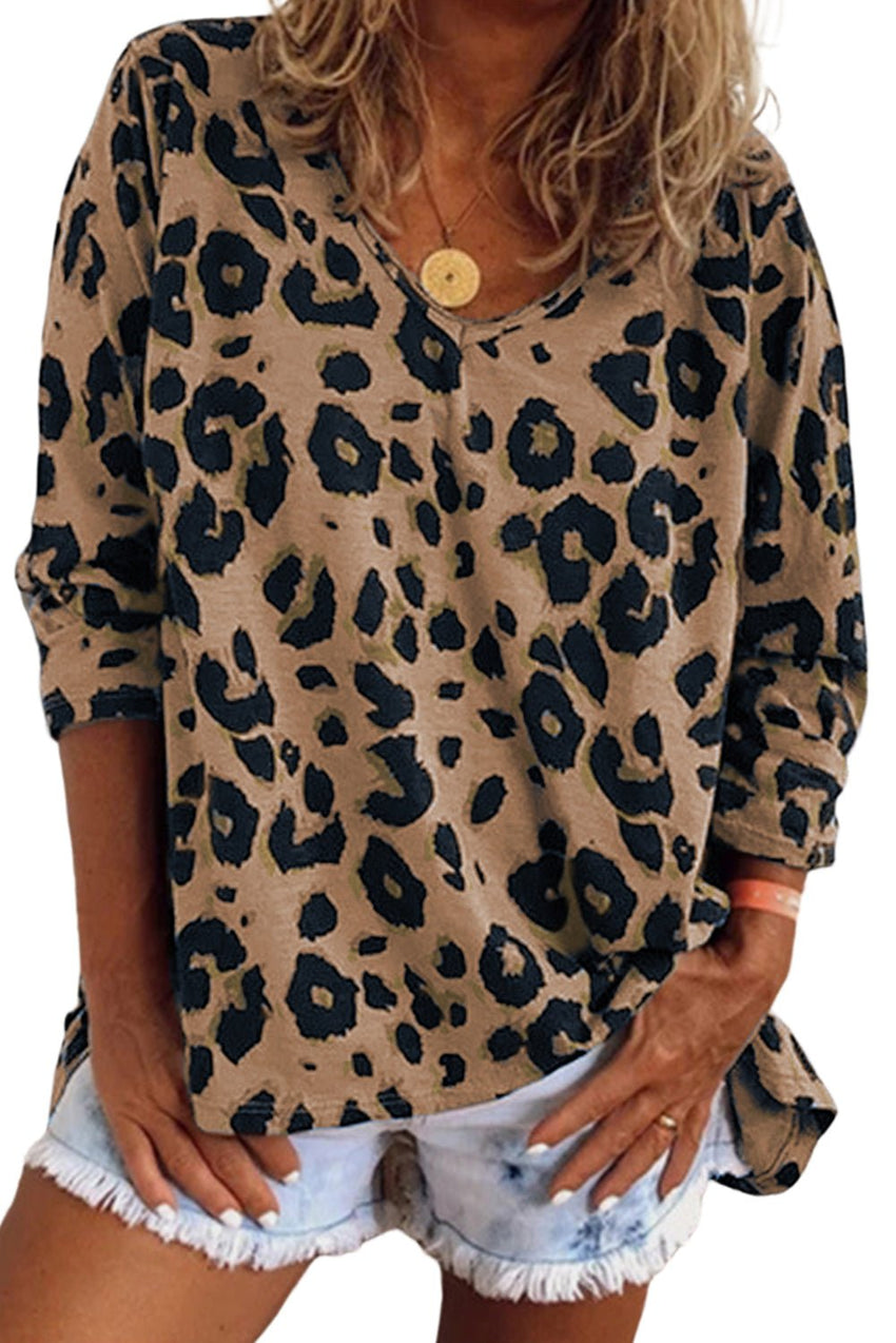 Brown Leopard Split V Neck Long Sleeve Shirt - 7DAY'S