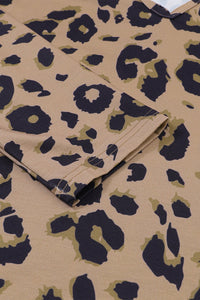 Brown Leopard Split V Neck Long Sleeve Shirt - 7DAY'S