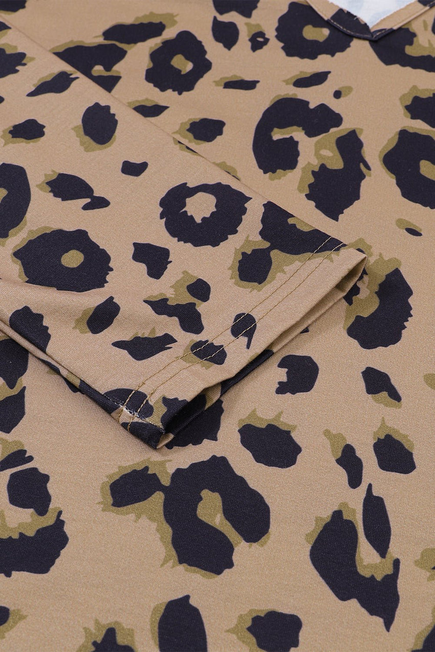 Brown Leopard Split V Neck Long Sleeve Shirt - 7DAY'S