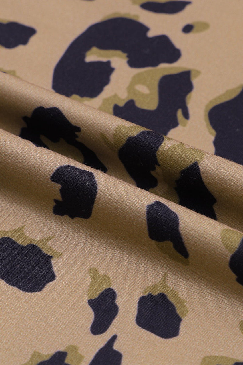 Brown Leopard Split V Neck Long Sleeve Shirt - 7DAY'S