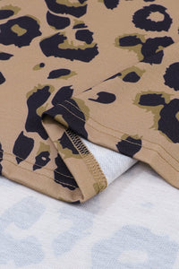 Brown Leopard Split V Neck Long Sleeve Shirt - 7DAY'S