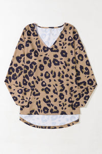 Brown Leopard Split V Neck Long Sleeve Shirt - 7DAY'S