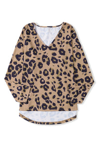 Brown Leopard Split V Neck Long Sleeve Shirt - 7DAY'S