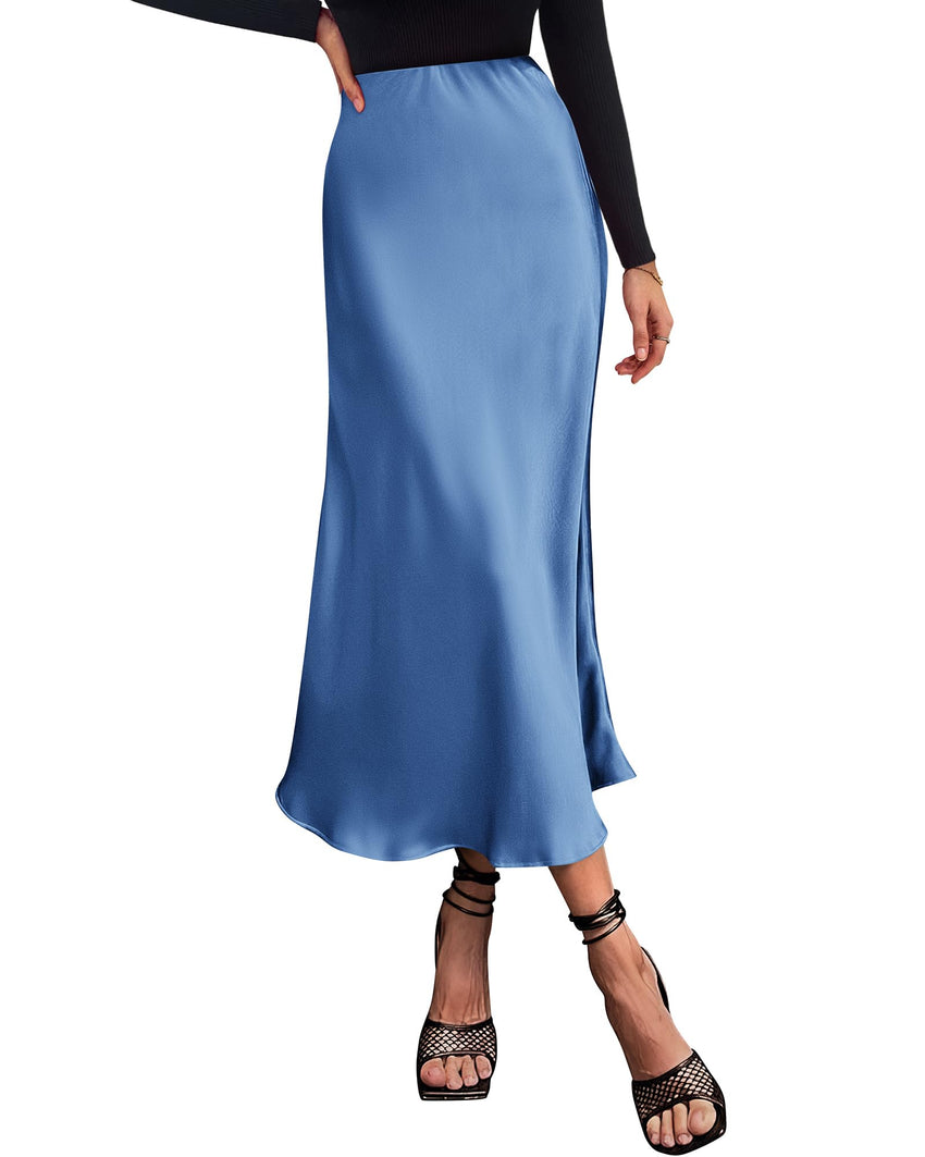 BTFBM 2025 Womens Summer Fall Long Satin Skirt Silk Elegant High Waist Cocktail Party Wedding Flowy A - Line Midi Skirts - 7DAY'S