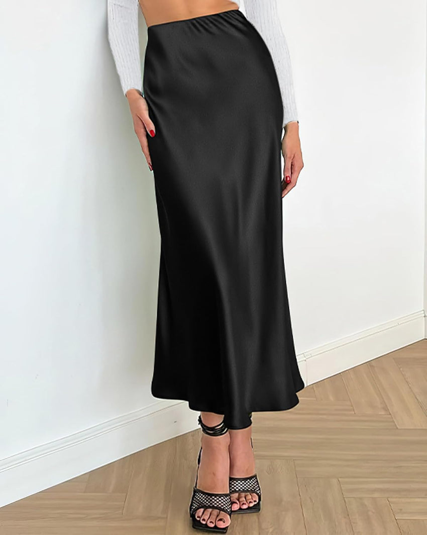 BTFBM 2025 Womens Summer Fall Long Satin Skirt Silk Elegant High Waist Cocktail Party Wedding Flowy A - Line Midi Skirts - 7DAY'S