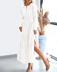 BTFBM Fall Dresses for Women 2025 Casual Long Sleeve V Neck Elastic Waist Lightweight Maxi Wedding Guest Dress Pockets - 7DAY'S