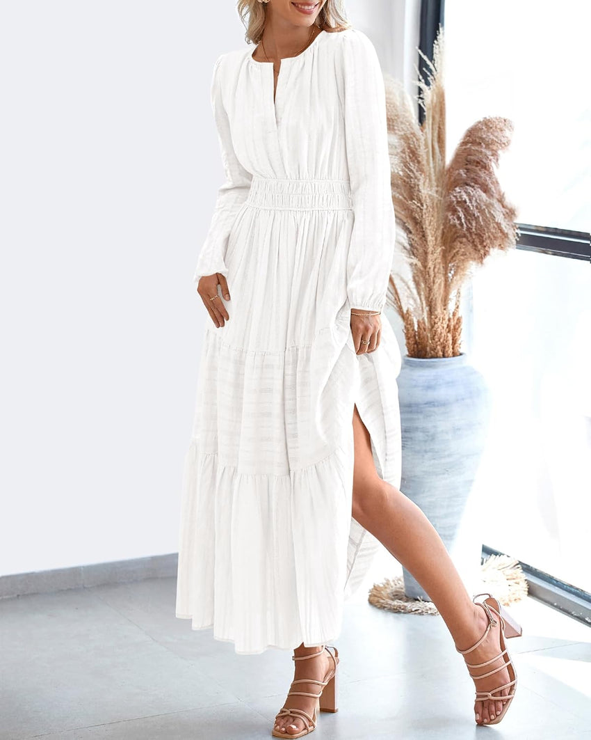 BTFBM Fall Dresses for Women 2025 Casual Long Sleeve V Neck Elastic Waist Lightweight Maxi Wedding Guest Dress Pockets - 7DAY'S