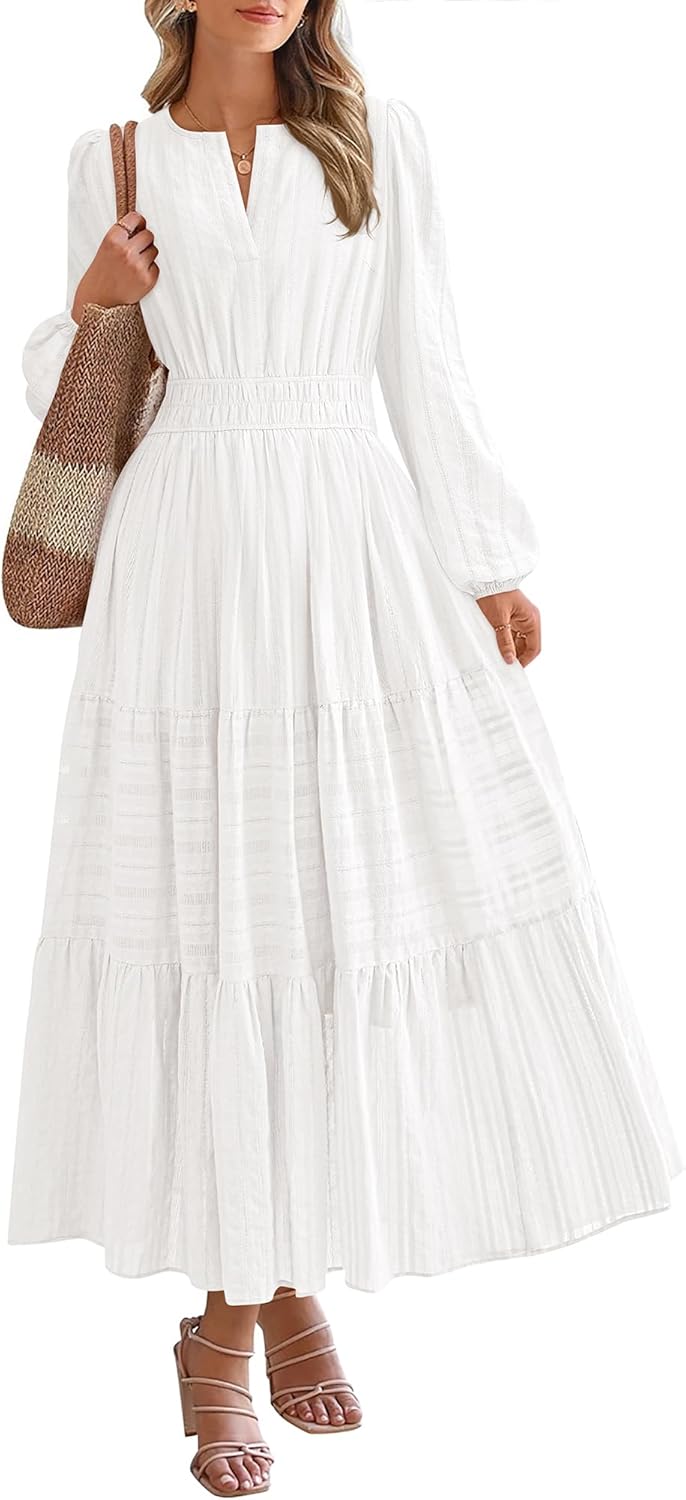 BTFBM Fall Dresses for Women 2025 Casual Long Sleeve V Neck Elastic Waist Lightweight Maxi Wedding Guest Dress Pockets - 7DAY'S