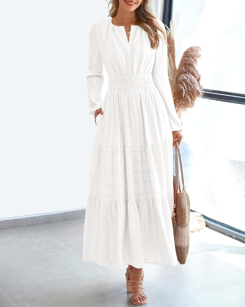 BTFBM Fall Dresses for Women 2025 Casual Long Sleeve V Neck Elastic Waist Lightweight Maxi Wedding Guest Dress Pockets - 7DAY'S