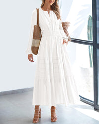 BTFBM Fall Dresses for Women 2025 Casual Long Sleeve V Neck Elastic Waist Lightweight Maxi Wedding Guest Dress Pockets - 7DAY'S