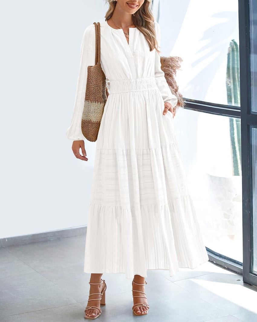 BTFBM Fall Dresses for Women 2025 Casual Long Sleeve V Neck Elastic Waist Lightweight Maxi Wedding Guest Dress Pockets - 7DAY'S