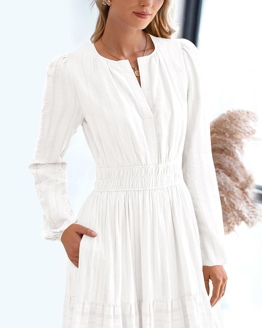 BTFBM Fall Dresses for Women 2025 Casual Long Sleeve V Neck Elastic Waist Lightweight Maxi Wedding Guest Dress Pockets - 7DAY'S