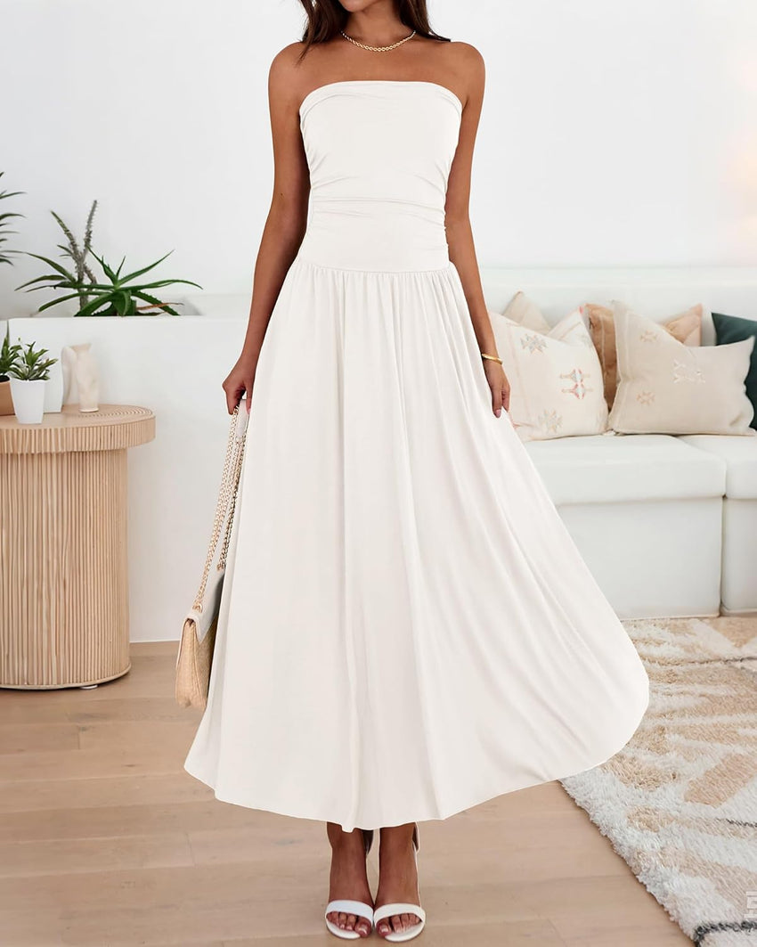 BTFBM Summer Maxi Dresses for Women 2025 Strapless Ruched Tube Top Flowy Beach Vacation Wedding Guest Fall Dress Pockets - 7DAY'S
