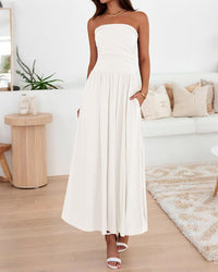BTFBM Summer Maxi Dresses for Women 2025 Strapless Ruched Tube Top Flowy Beach Vacation Wedding Guest Fall Dress Pockets - 7DAY'S