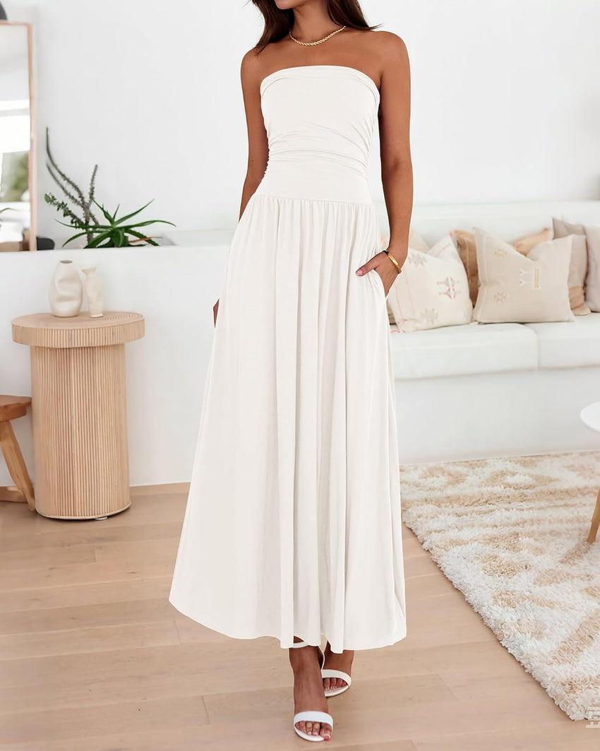 BTFBM Summer Maxi Dresses for Women 2025 Strapless Ruched Tube Top Flowy Beach Vacation Wedding Guest Fall Dress Pockets - 7DAY'S