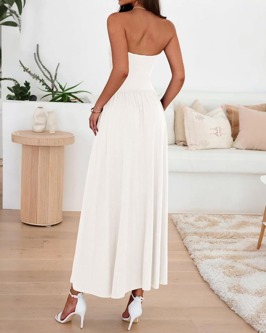 BTFBM Summer Maxi Dresses for Women 2025 Strapless Ruched Tube Top Flowy Beach Vacation Wedding Guest Fall Dress Pockets - 7DAY'S