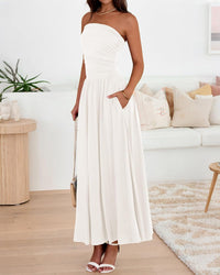 BTFBM Summer Maxi Dresses for Women 2025 Strapless Ruched Tube Top Flowy Beach Vacation Wedding Guest Fall Dress Pockets - 7DAY'S