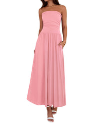 BTFBM Summer Maxi Dresses for Women 2025 Strapless Ruched Tube Top Flowy Beach Vacation Wedding Guest Fall Dress Pockets - 7DAY'S