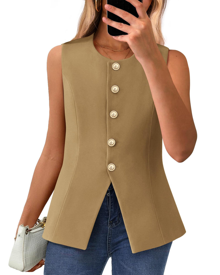 BTFBM Summer Sleeveless Blazer Vest For Women Dressy Button Down Round Neck Business Casual Outfits Work Suit Vests Tops - 7DAY'S