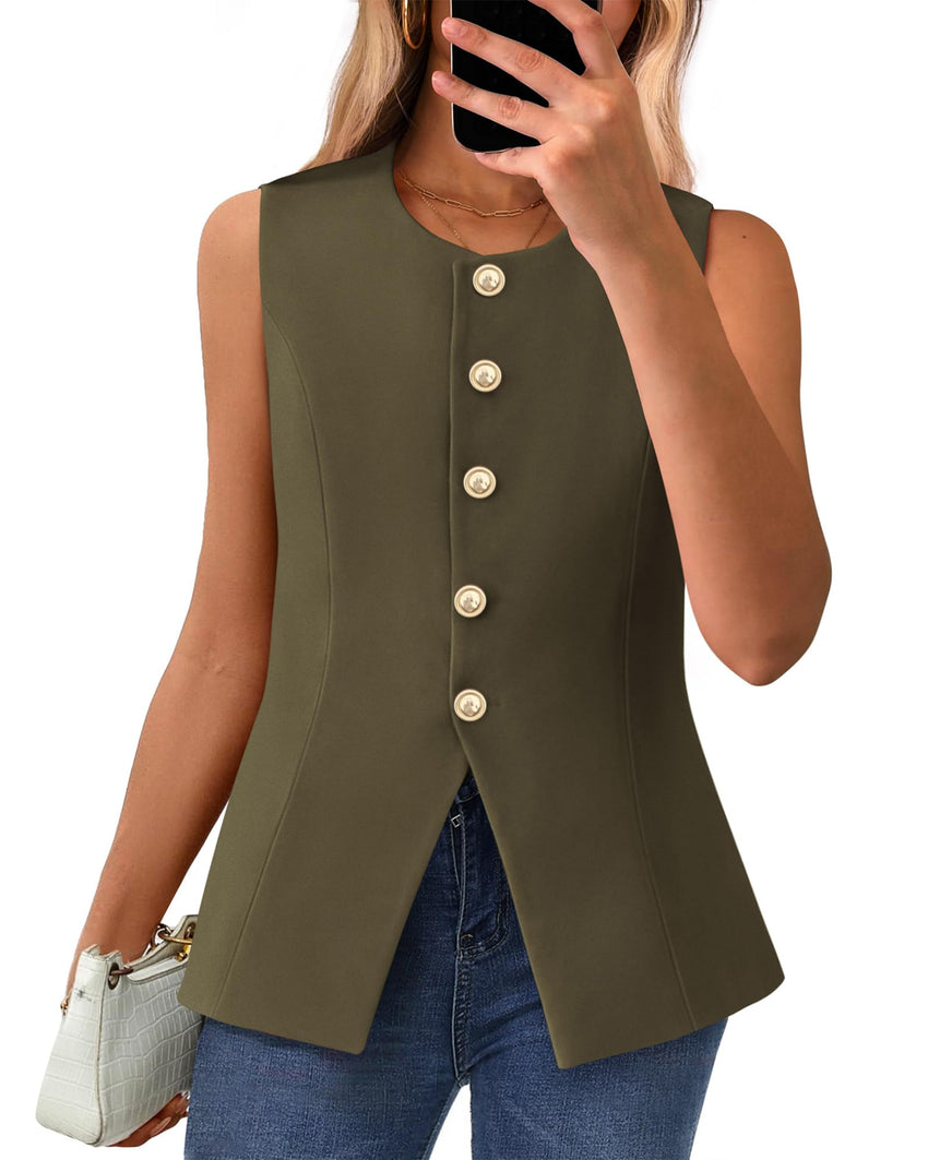 BTFBM Summer Sleeveless Blazer Vest For Women Dressy Button Down Round Neck Business Casual Outfits Work Suit Vests Tops - 7DAY'S