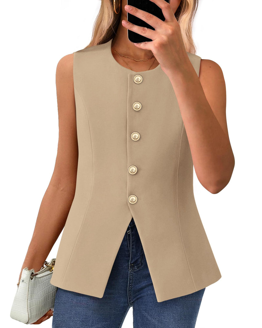 BTFBM Summer Sleeveless Blazer Vest For Women Dressy Button Down Round Neck Business Casual Outfits Work Suit Vests Tops - 7DAY'S