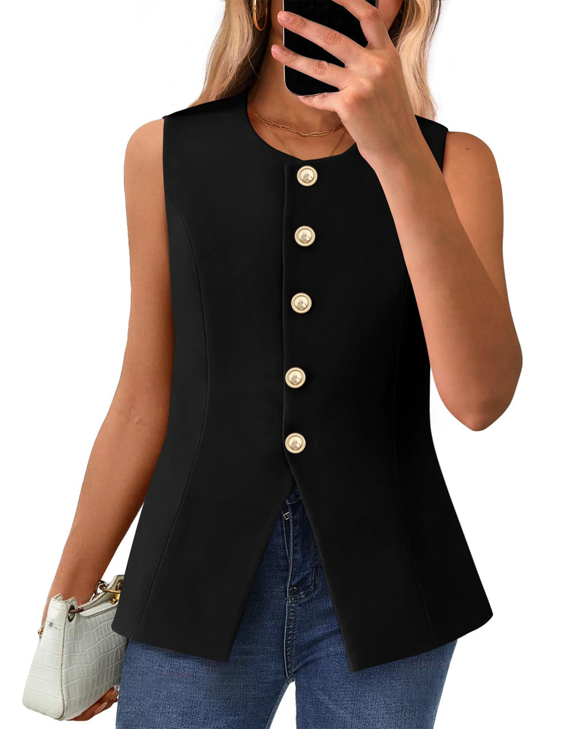 BTFBM Summer Sleeveless Blazer Vest For Women Dressy Button Down Round Neck Business Casual Outfits Work Suit Vests Tops - 7DAY'S