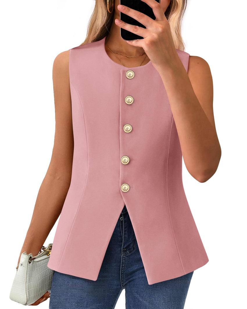 BTFBM Summer Sleeveless Blazer Vest For Women Dressy Button Down Round Neck Business Casual Outfits Work Suit Vests Tops - 7DAY'S