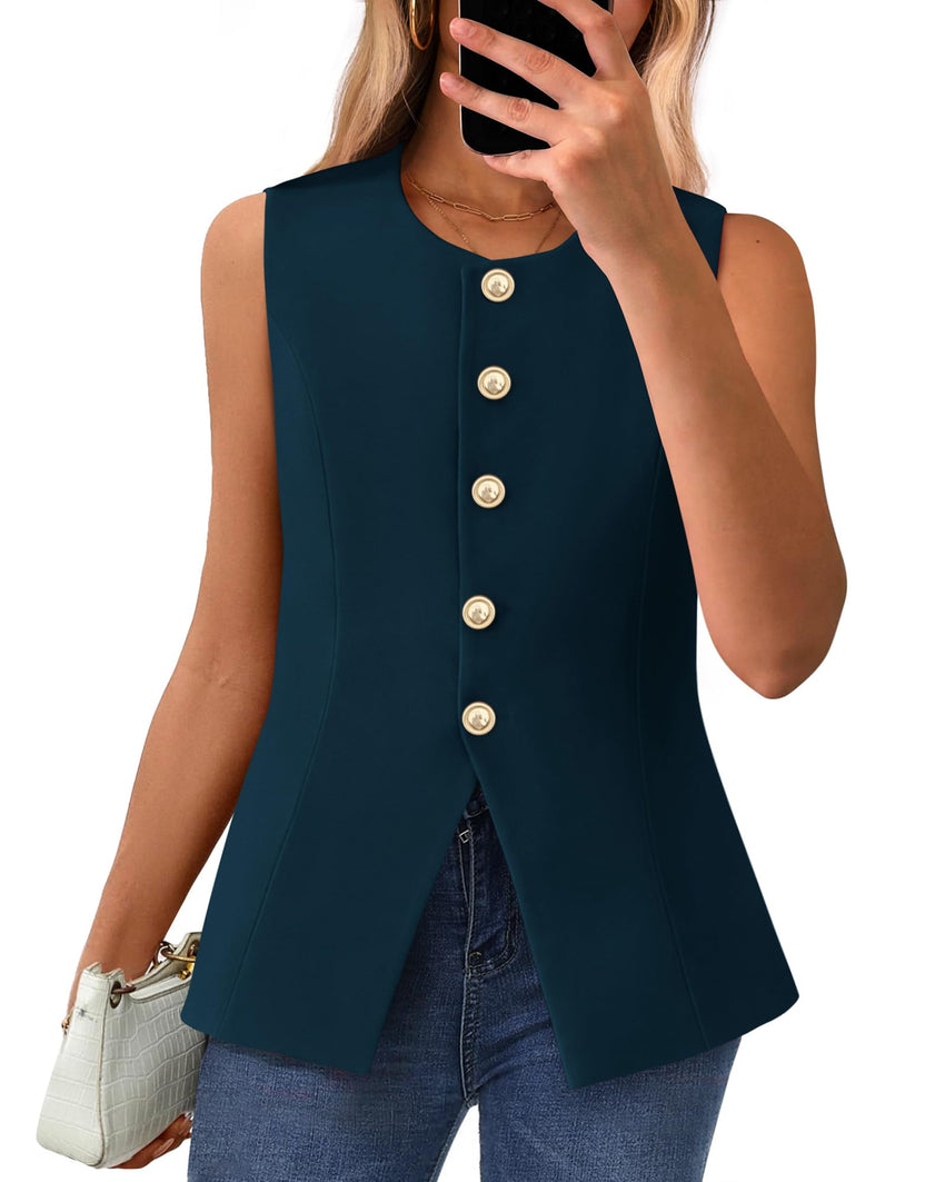 BTFBM Summer Sleeveless Blazer Vest For Women Dressy Button Down Round Neck Business Casual Outfits Work Suit Vests Tops - 7DAY'S