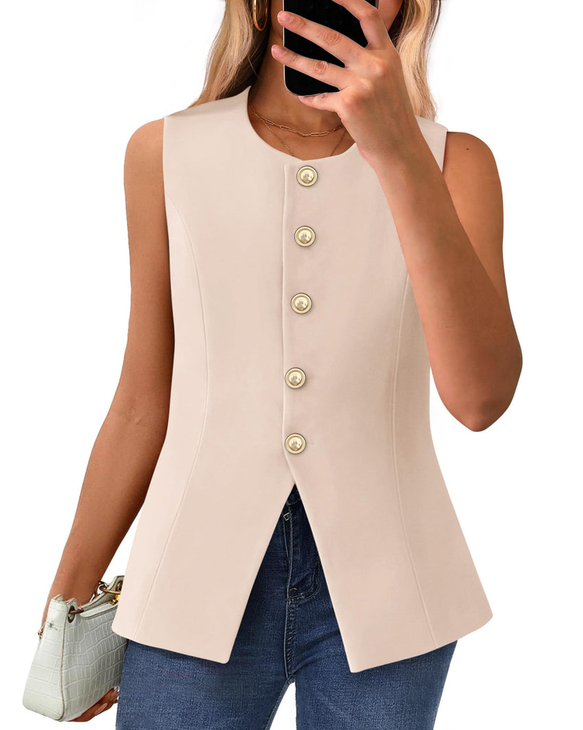 BTFBM Summer Sleeveless Blazer Vest For Women Dressy Button Down Round Neck Business Casual Outfits Work Suit Vests Tops - 7DAY'S