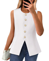 BTFBM Summer Sleeveless Blazer Vest For Women Dressy Button Down Round Neck Business Casual Outfits Work Suit Vests Tops - 7DAY'S
