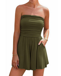 BTFBM Summer Womens Romper 2025 Strapless Tube Top Beach Vacation Clothes Ruffle Boho Loose Shorts Jumpsuits Pockets - 7DAY'S